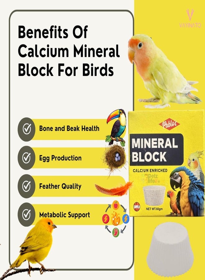 VAYINATO (Pack of 5) Pablo's Mineral Block - 100% Natural Calcium-Enriched Bird Supplement, 60g, No Added Colors or Preservatives, Made with Oyster Shells & Cuttlebone, Formulated in Austria (5) - Image 3